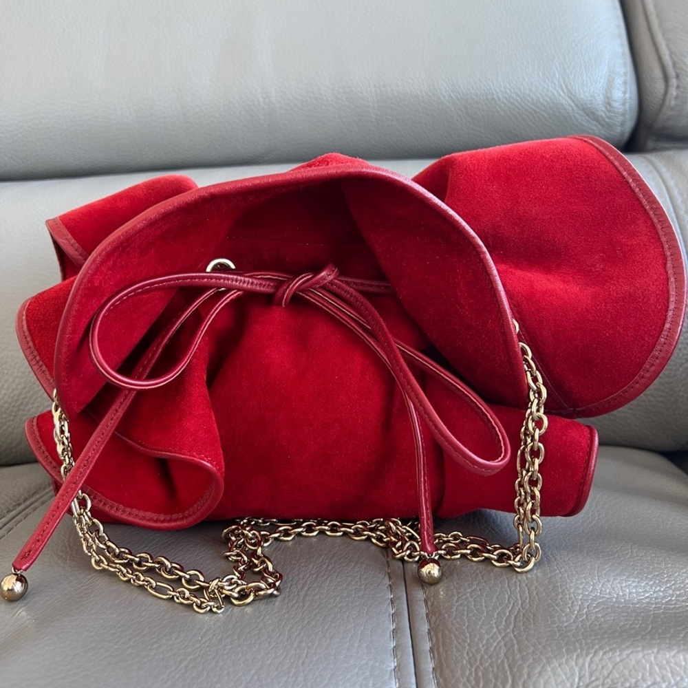 Nina Ricci Lily Suede Ruffle Bag Red with Gold Hardware Shoulder Crossbody Bag